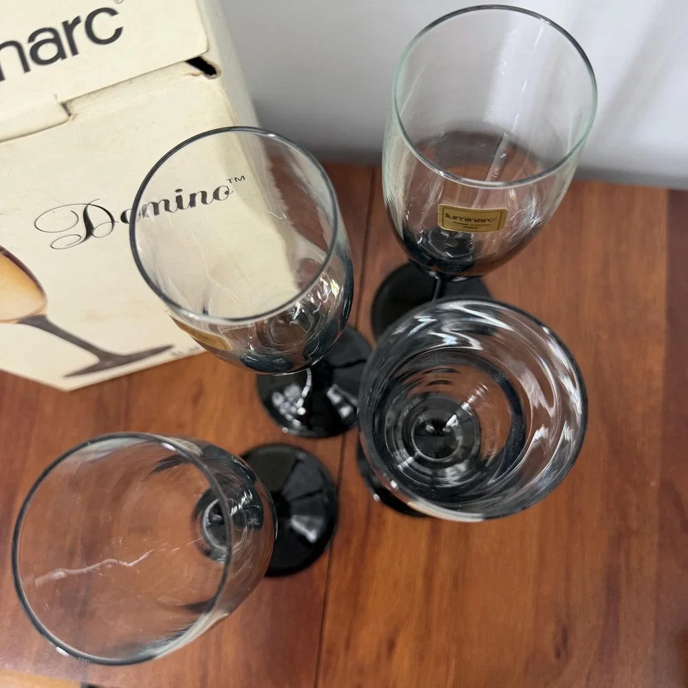 VTG Luminarc France Black Stem Champagne Flutes (4) Domino 1980s Original Box